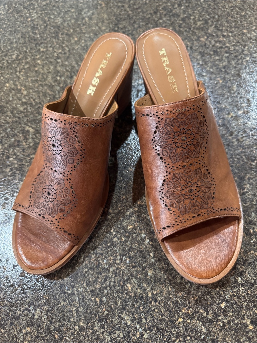 Trask Tan Leather Floral Cutout Open-Toe Mule